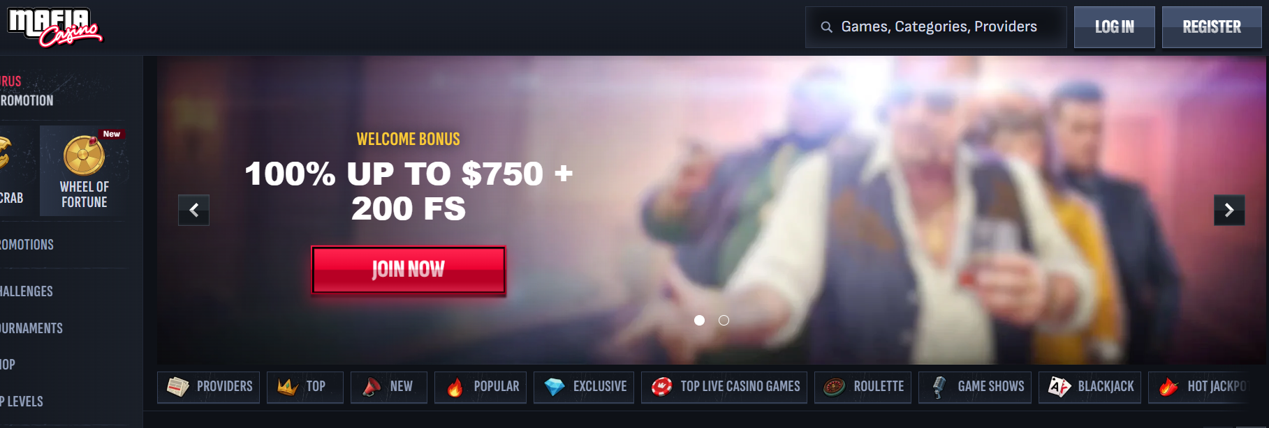 Mafia Casino Canada homepage with welcome bonus 100% up to C$750